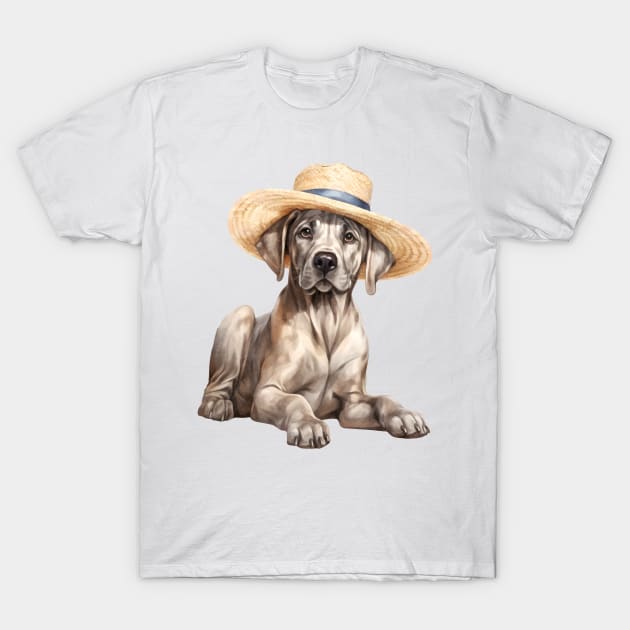 Watercolor Great Dane Dog in Straw Hat T-Shirt by Chromatic Fusion Studio